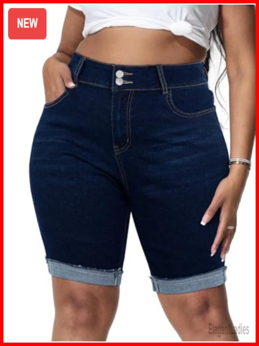 High Waisted Plus Size Bermuda Jean Shorts Stretchy Roll Hem Distressed 10"